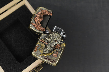 RARE CUSTOM - 3-D Sculpted Joker Zippo Lighter w/ Wood Case