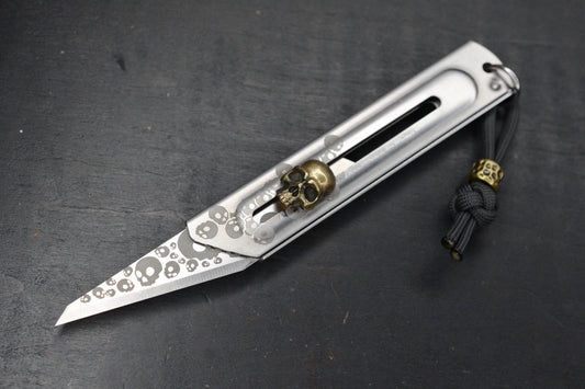CUSTOM Apparatus EDC Utility Knife Skull Edition Titanium/ Brass & Rock Bead