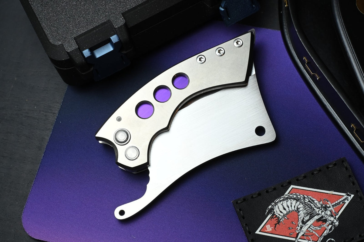 RARE Sergey Rogovets Button Lock Hand Ground Magnacut Cleaver w/ Purple Inlays