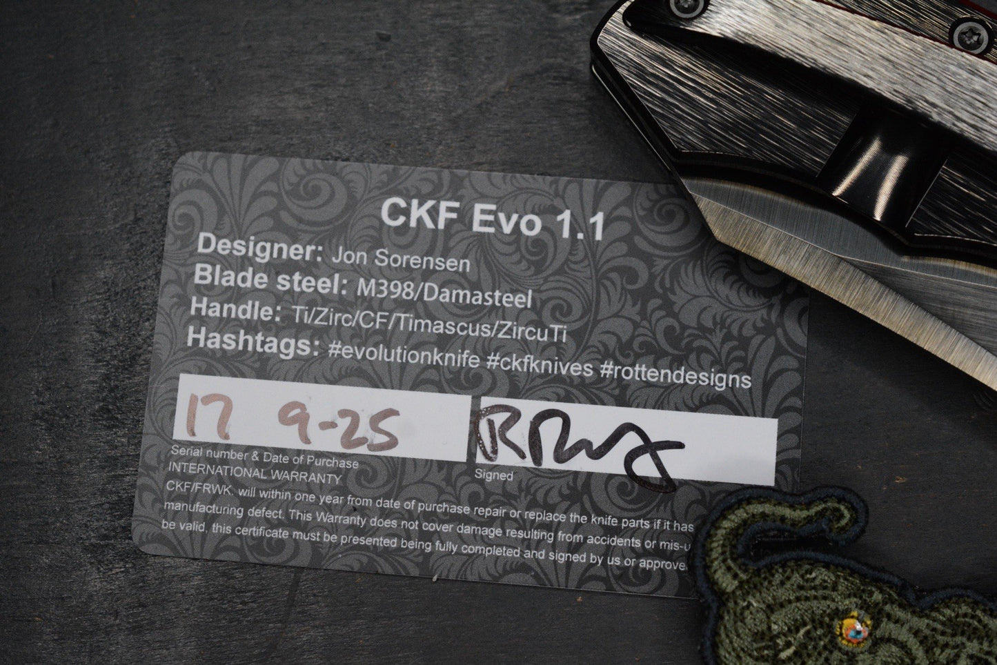 RARE Custom Knife Factory Rotten Evo 1.1 Barked Black DLC POLISHED w/ PDW Patch