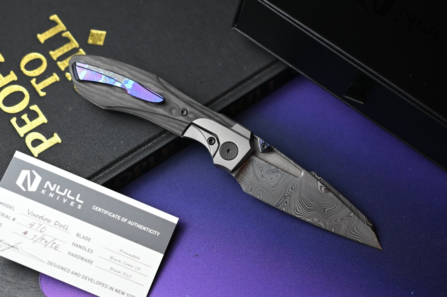 NEW Null Knives Voodoo Doll - Damasteel / Black Camo CF w/ Custom Timascus HDW