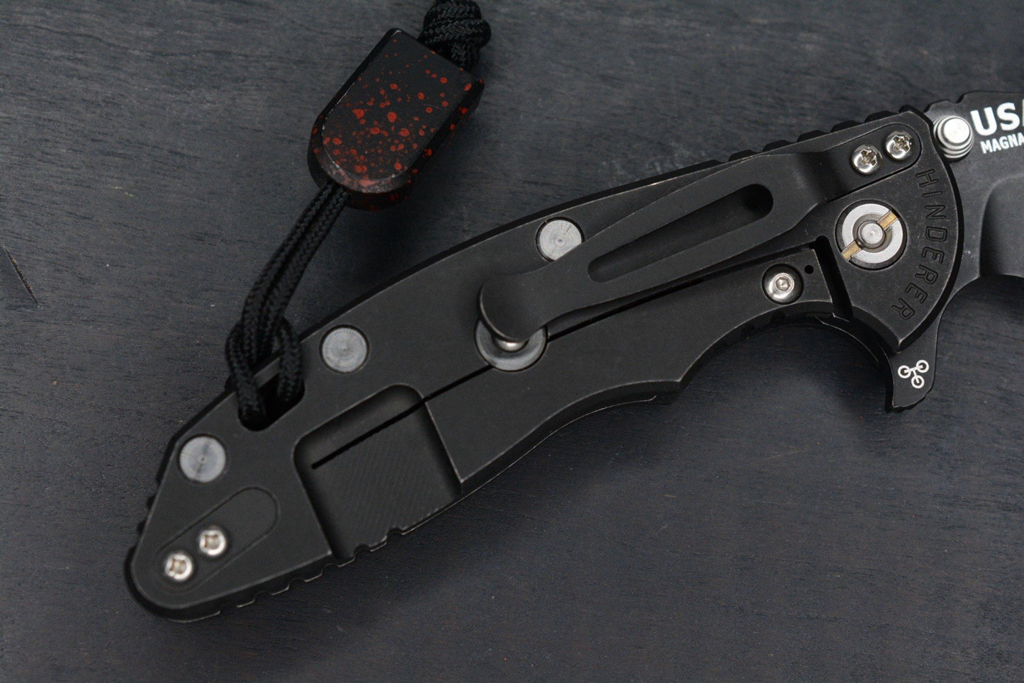 RARE Hinderer XM-18 Battle Black Magnacut Bowie/ G10 w/ Splatter Tombstone Bead