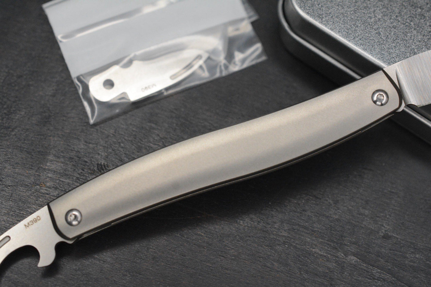 NEW D Rocket Designs Serpentine Slipjoint Ti M390 Wharncliffe Bottle Opener
