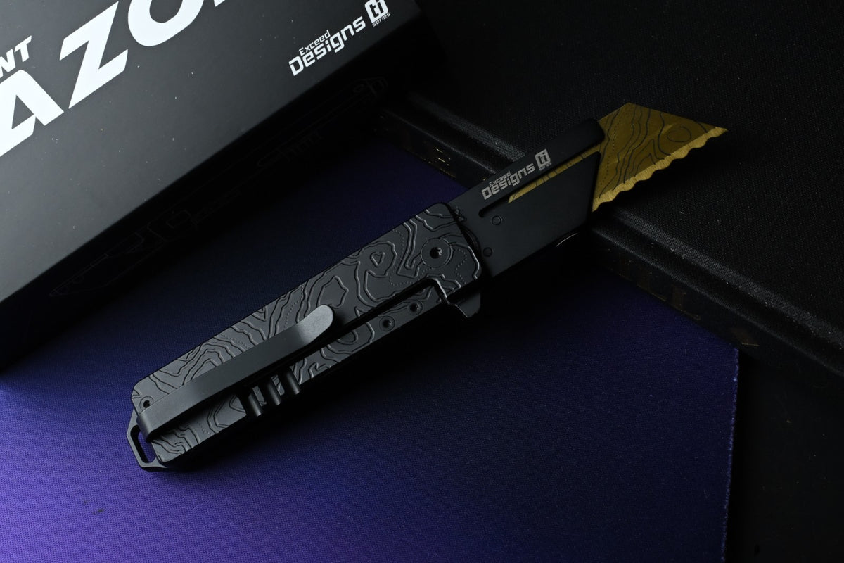NEW Exceed Designs TiRant Razor V3 Frame Lock - Black PVD Topo / Laser Etched