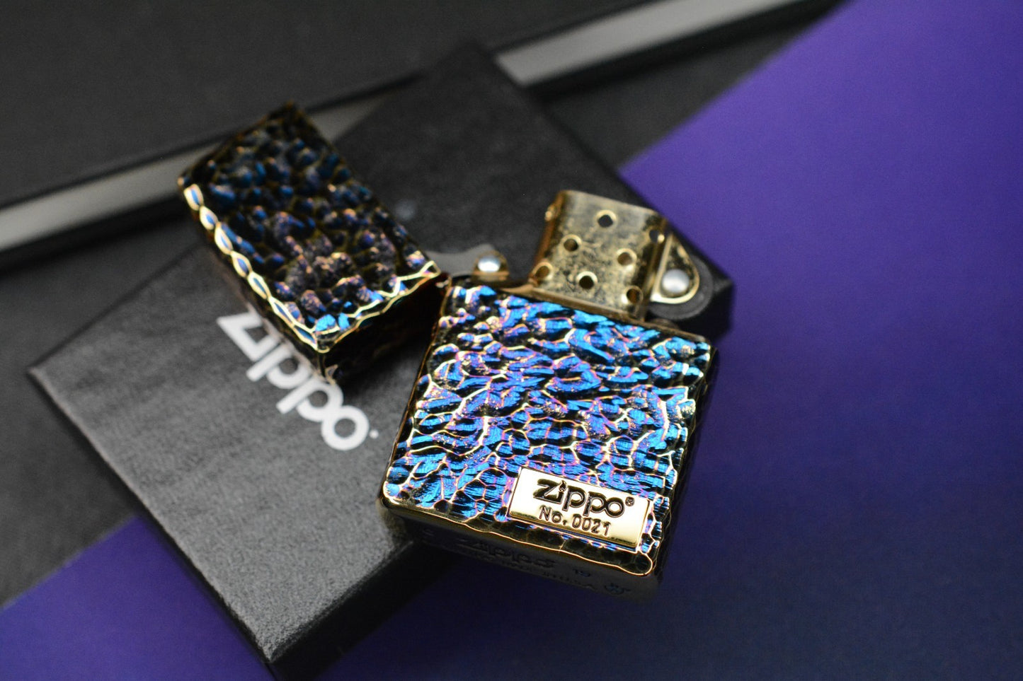 RARE +Japanese Custom Zippo 5 Side Blurple Ano Hammered  Rock Finish