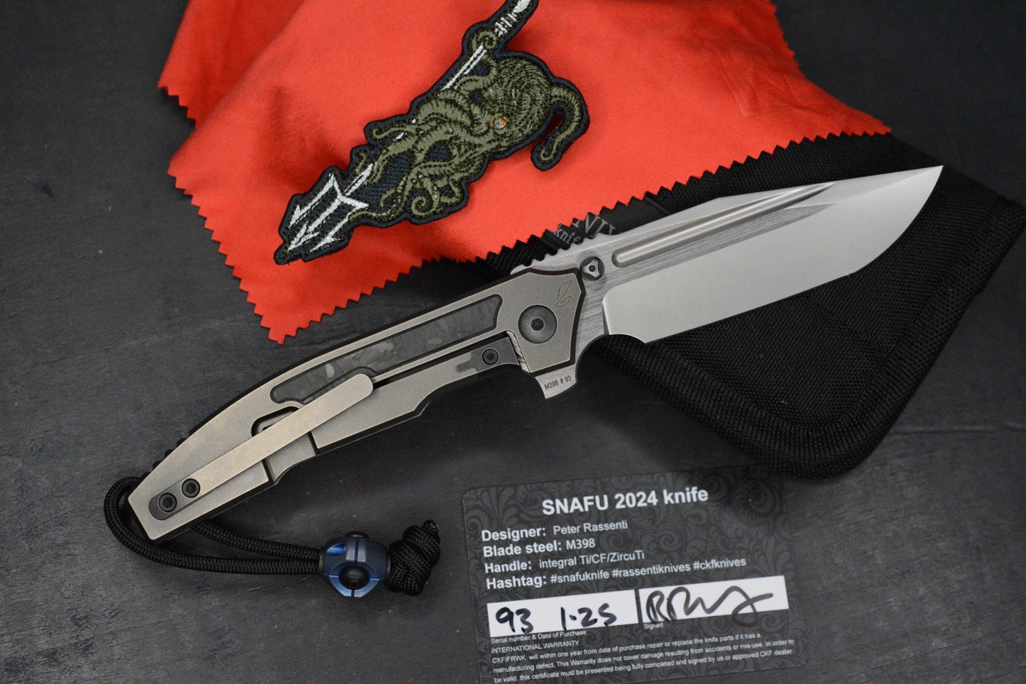 RARE Custom Knife Factory Rassenti SNAFU 4.0 CF Inlay 3.9” M398 Integral Hdle