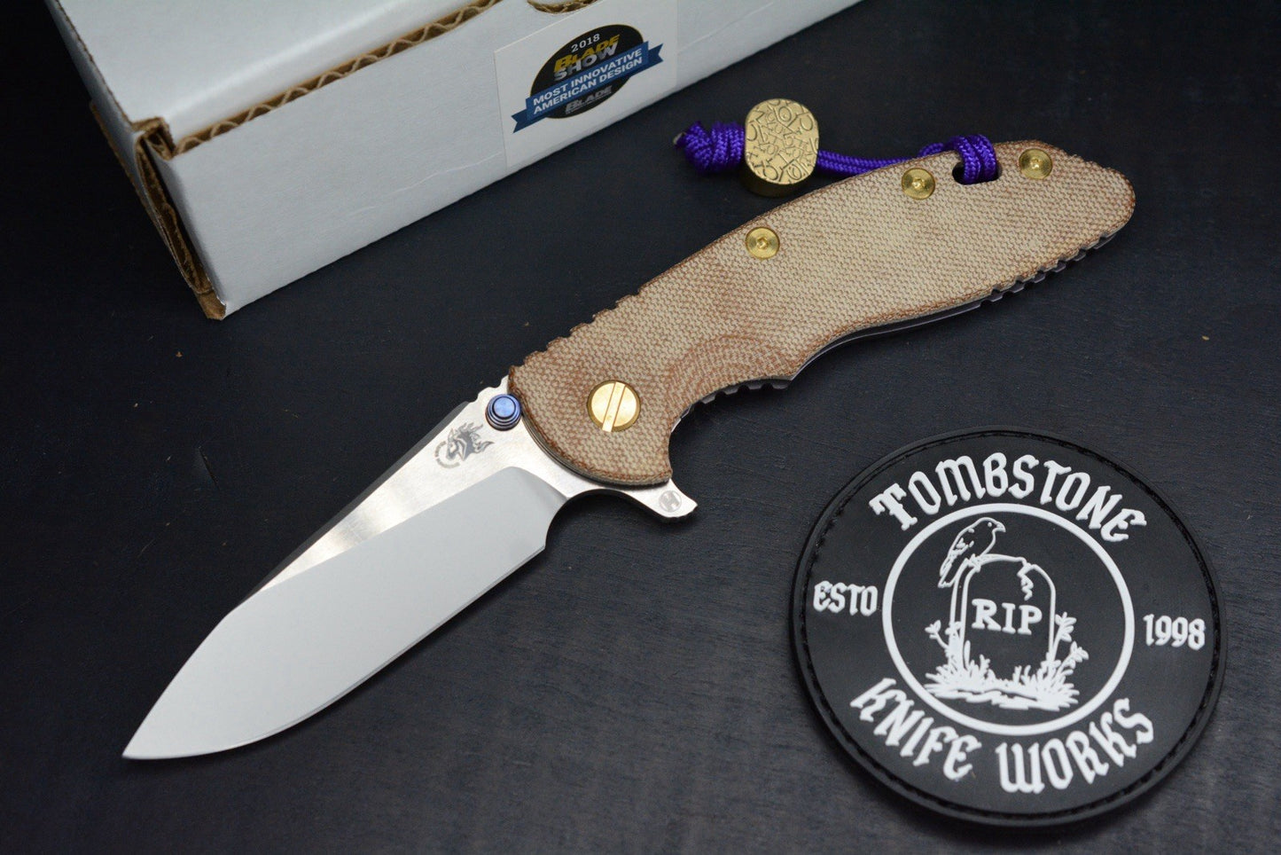 RARE Hinderer Spec Assembly XM-18 2-Tone/ Natural Micarta / Purple BB Brass Hdw
