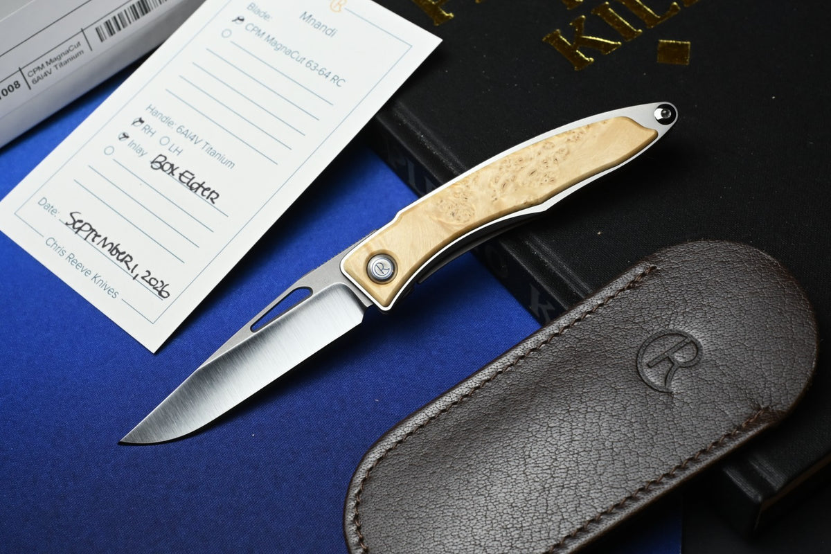 NEW Chris Reeve Mnandi - Box Elder Wood Inlay / Magnacut DP w/ Leather Sheath