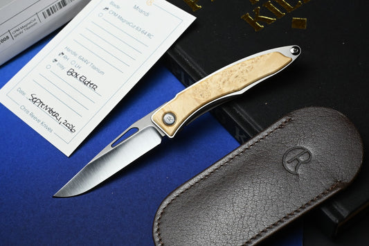 NEW Chris Reeve Mnandi - Box Elder Wood Inlay / Magnacut DP w/ Leather Sheath