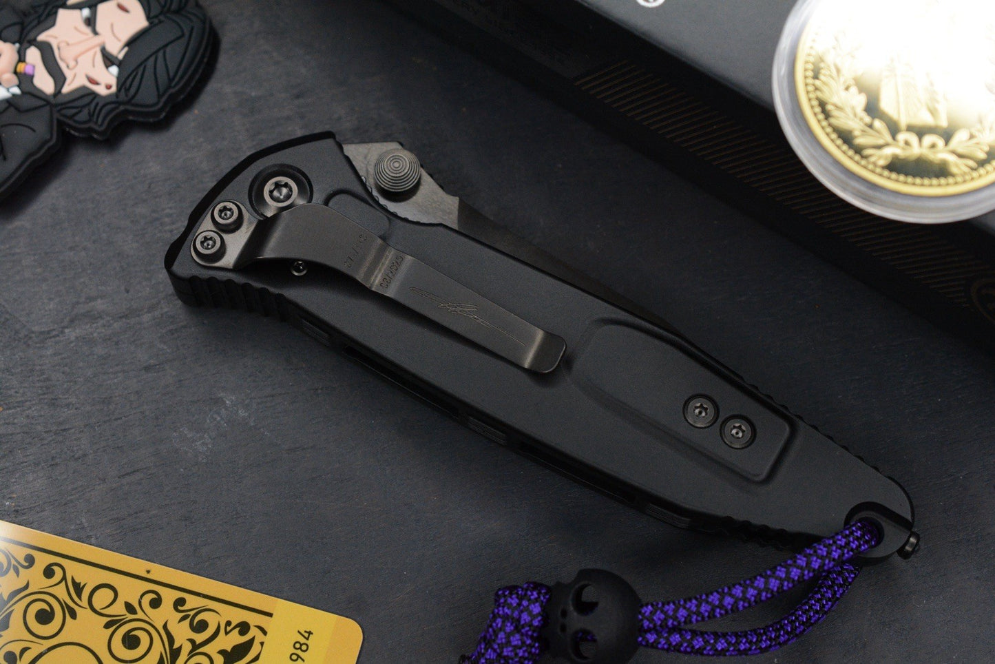 RARE Microtech Socom DLC Spike Grind Purple Haze Fat CF w/ Playge Bead/Wick Pack