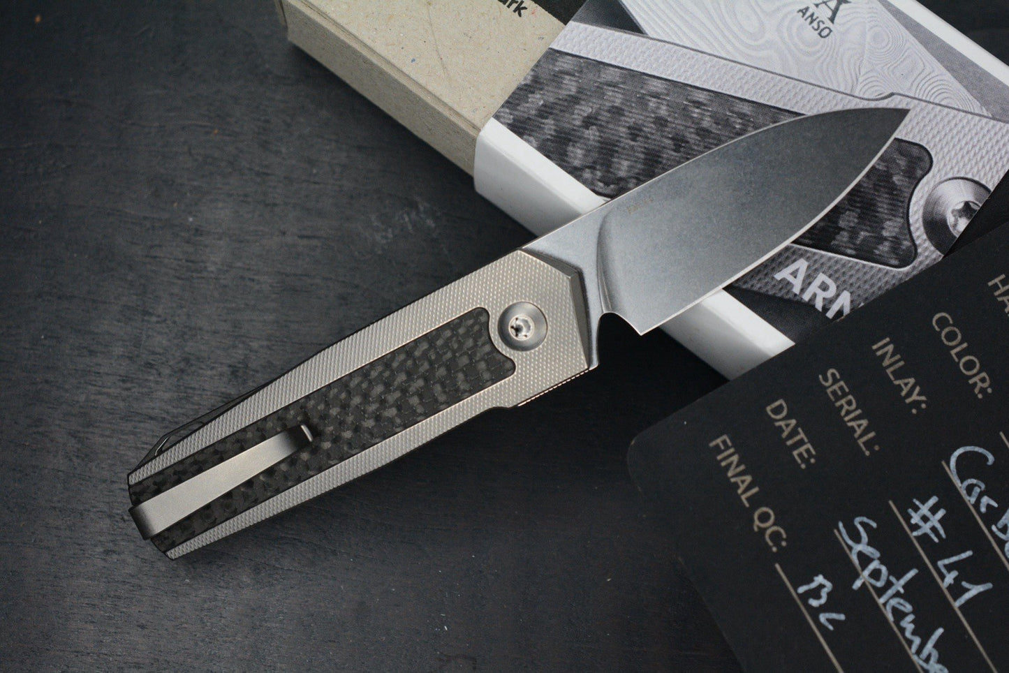 NEW ANSO ARN Grey/ Satin Ti Hdw w/ Carbon Fiber Inlay RWL34 SN 41 Re Microtech