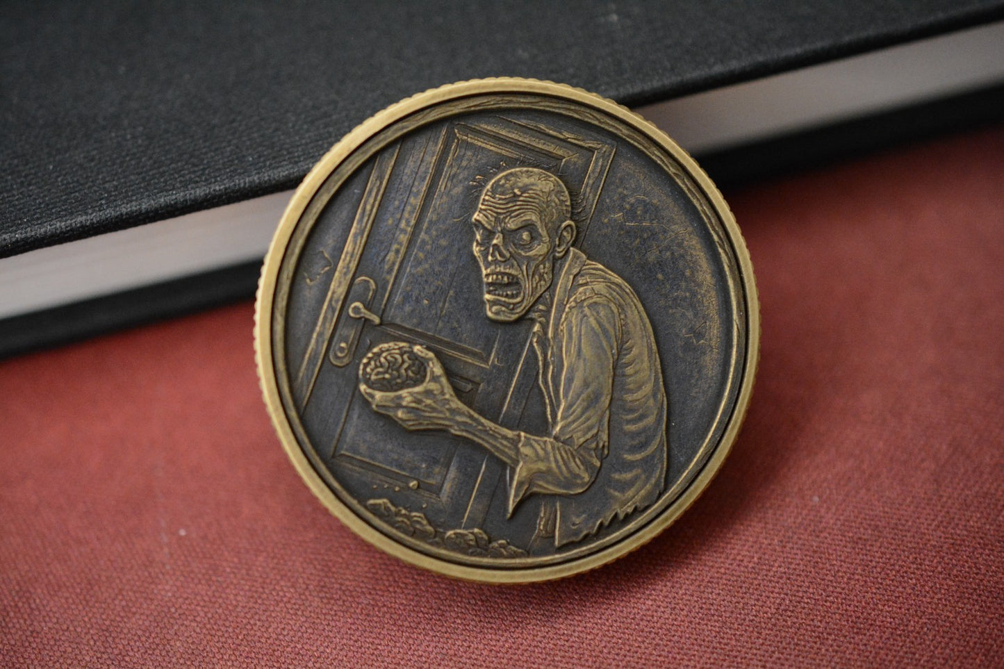CUSTOM Zombie Brains Brass Challenge Coin - One Sided Re Playge Microtech