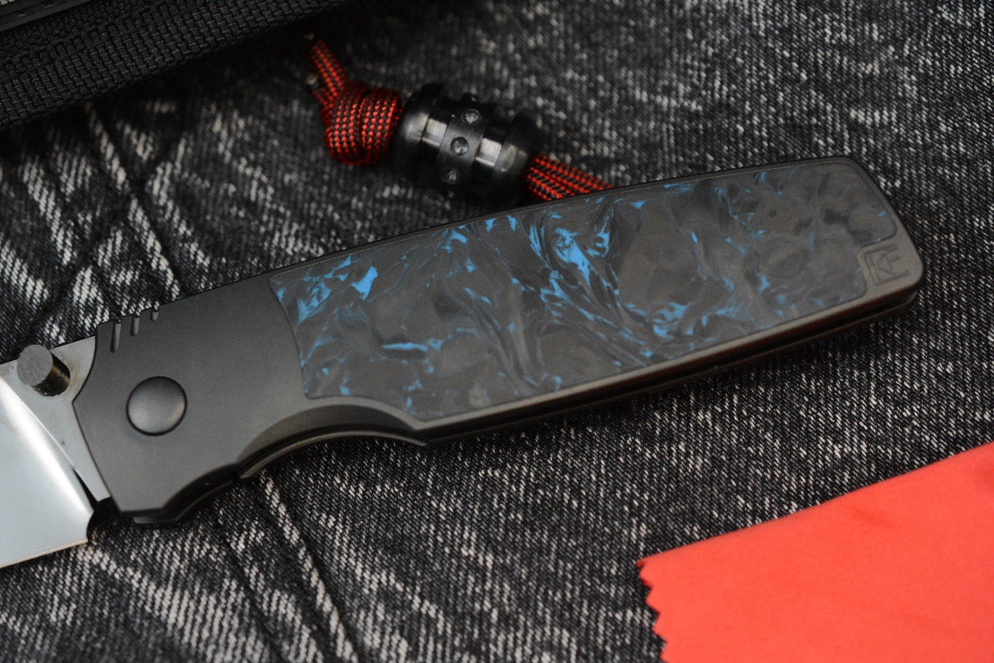 RARE Custom Knife Factory Lex - Blue CF Inlay / High Polish Black DLC M398 SN009
