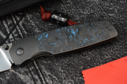 RARE Custom Knife Factory Lex - Blue CF Inlay / High Polish Black DLC M398 SN009