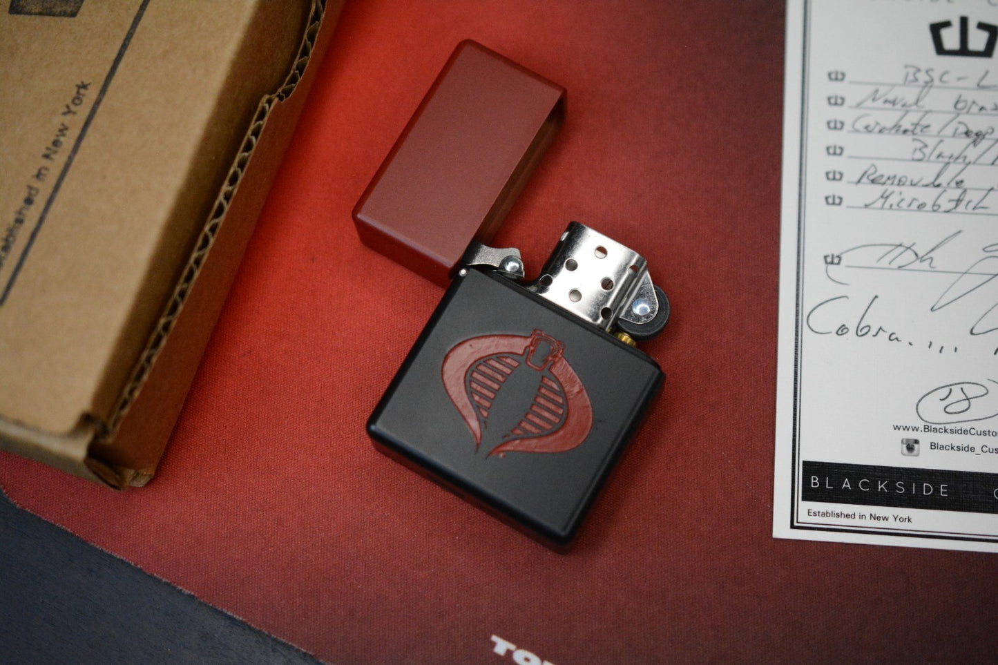 RARE++ BLACKSIDE Customs Brass Lighter - Cobra Edition Red/ Black w/ COA & Box
