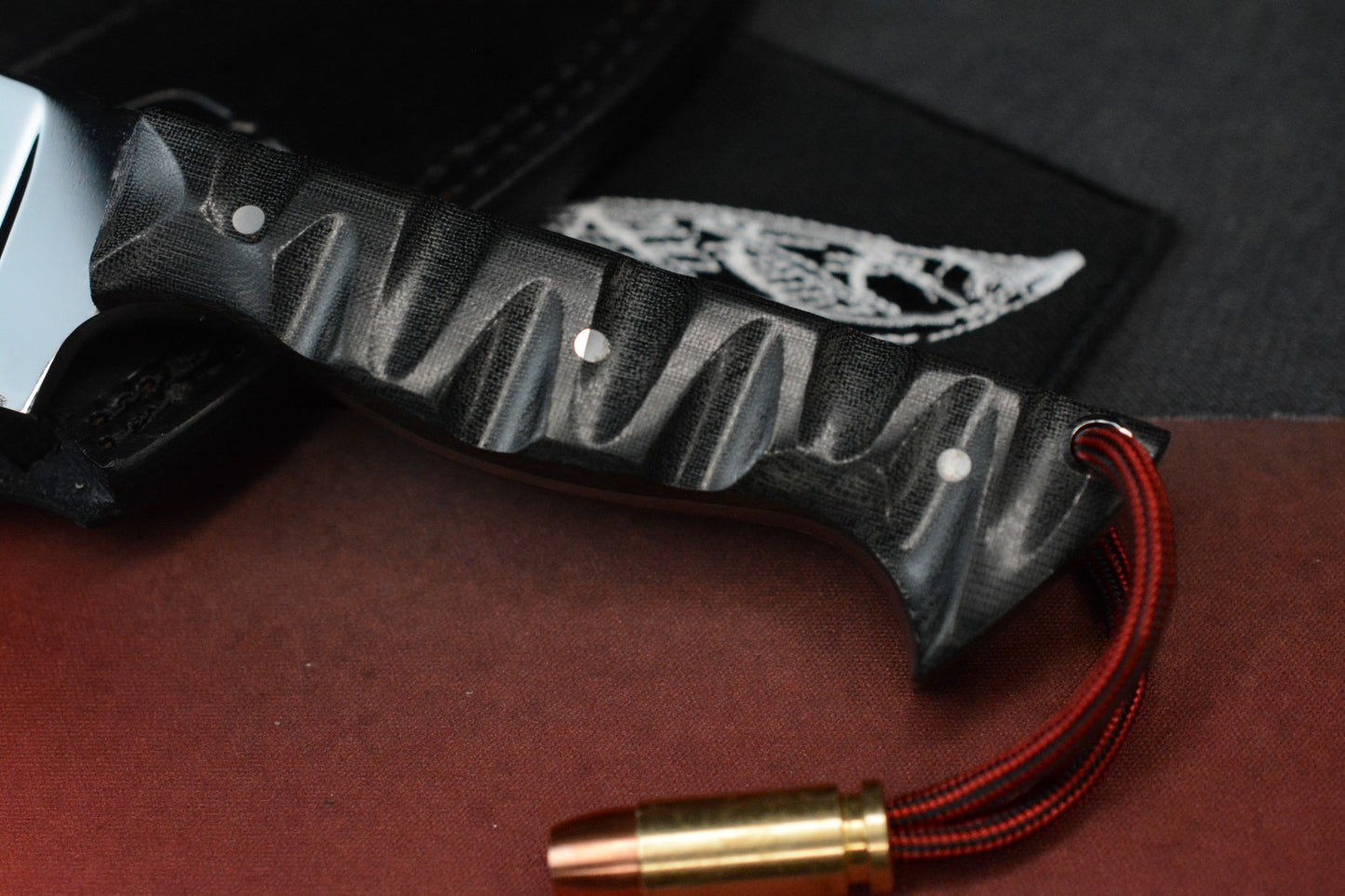 CUSTOM Crimson Bushcraft Mirror Polish Hollow Grind Textured Black Micarta