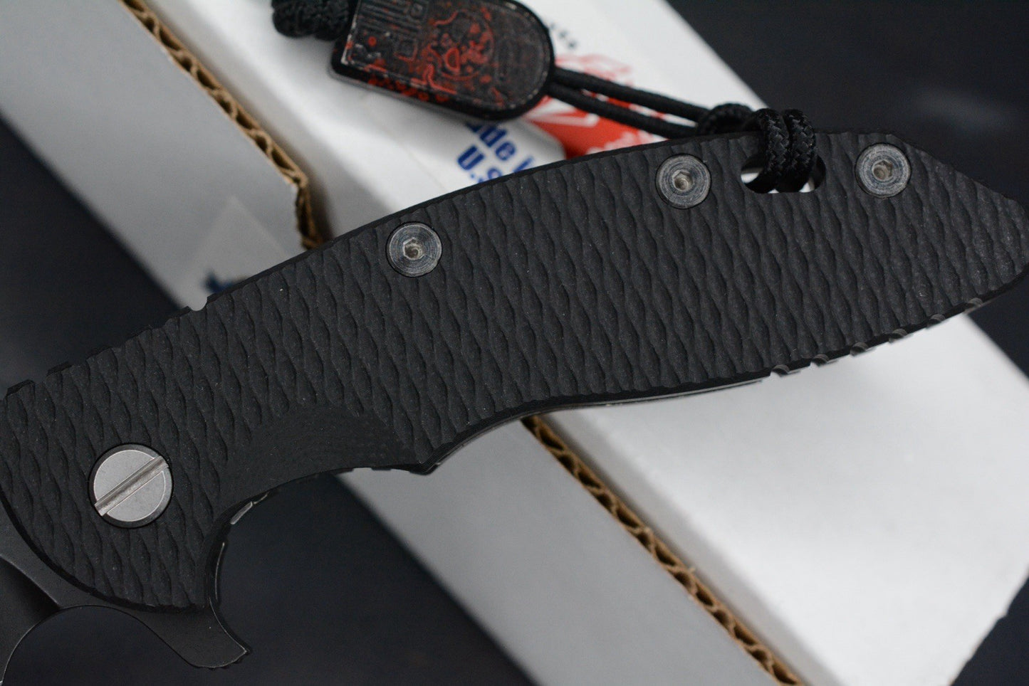 RARE Hinderer XM-18 Battle Black Magnacut Bowie/ G10 w/ Splatter Tombstone Bead