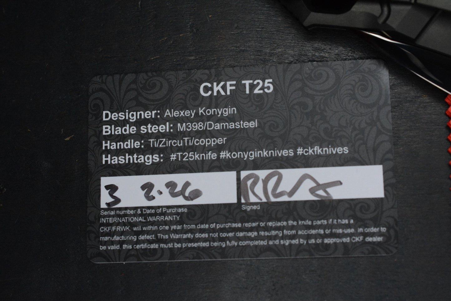 NEW Custom Knife Factory T25 DLC Milled Ti / Polished DLC M398 w/Zirc Droid Bead