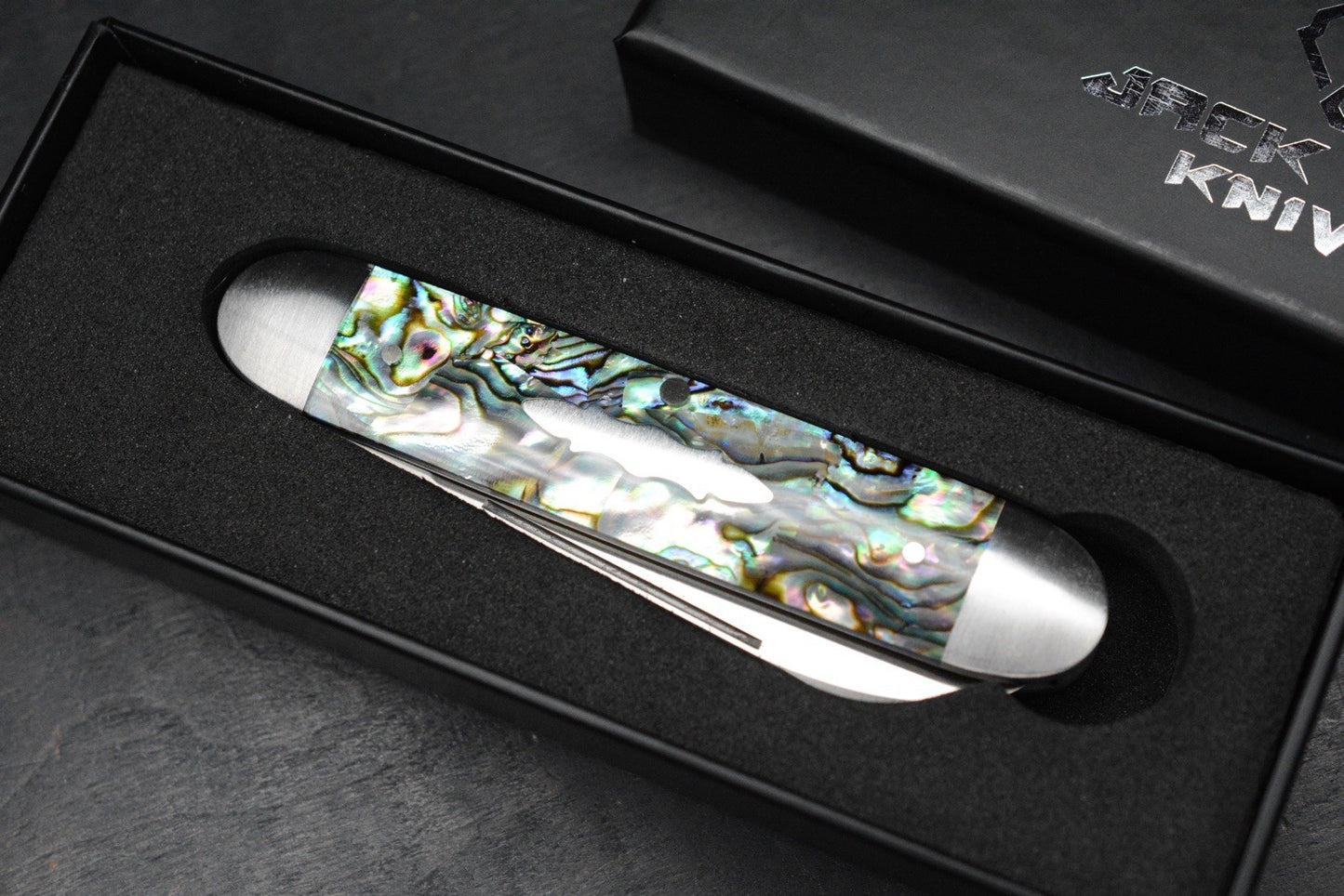 NEW Jack Wolf Knives Gateway Barlow Equal End - Abalone / Satin Sandvik Blade