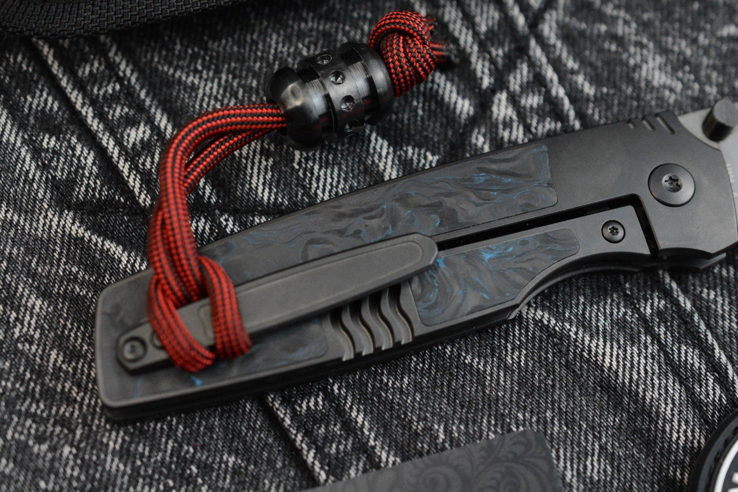RARE Custom Knife Factory Lex - Blue CF Inlay / High Polish Black DLC M398 SN009