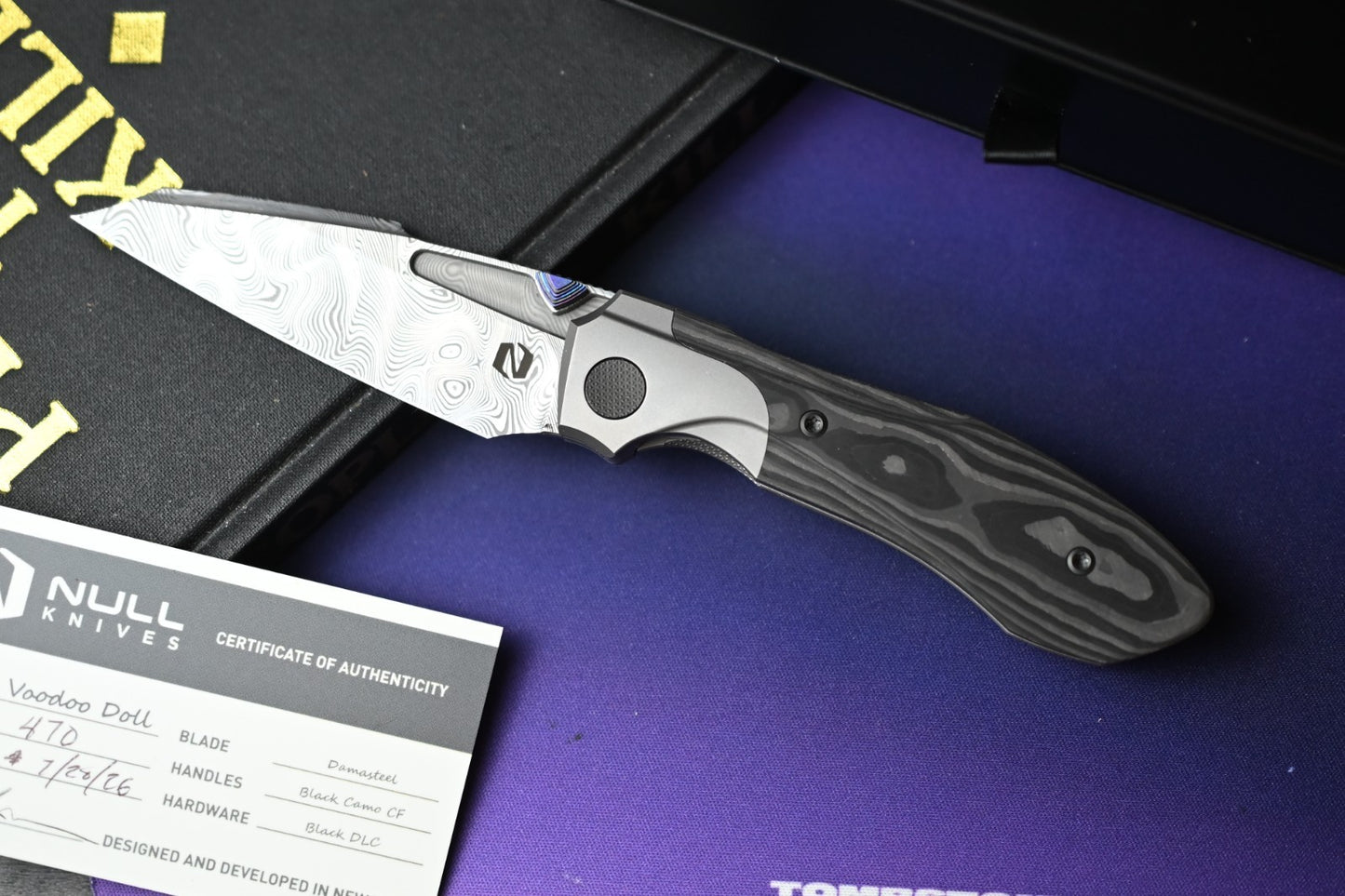 NEW Null Knives Voodoo Doll - Damasteel / Black Camo CF w/ Custom Timascus HDW