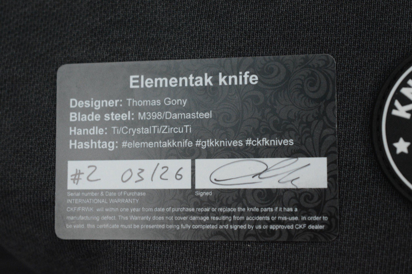 NEW Custom Knife Factory x GTX Elementak Crystalized Ti / 2-Tone M398 SN# 002