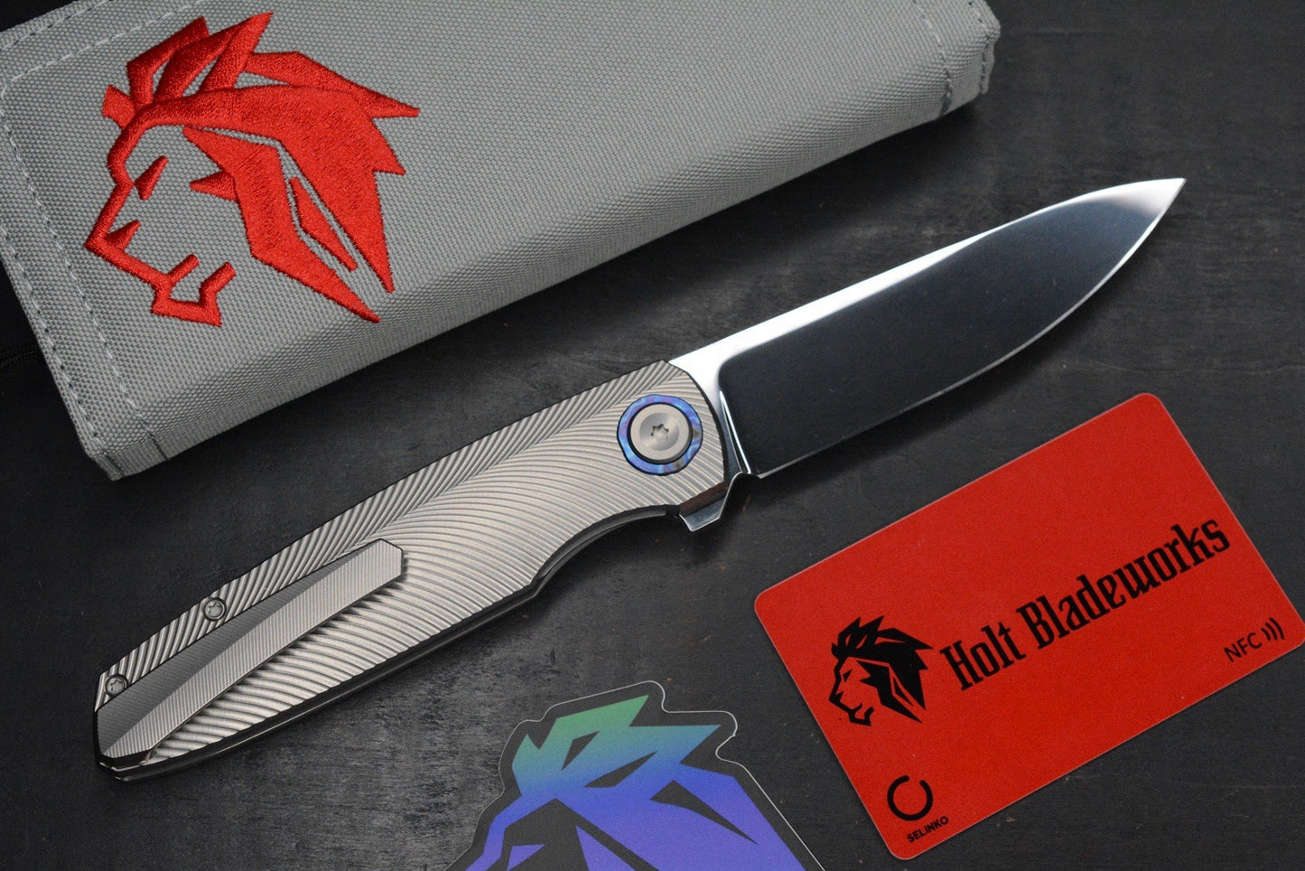 NEW Holt Outlaw Prestige Feather Texture /Near Mirror 4” M390/ Timascus Collars