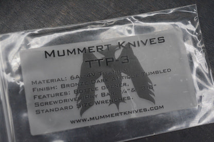 RARE Mummert Knives TTP-3 Ti - Bronze Antique Tumbled Bottle Opener w/ Curator