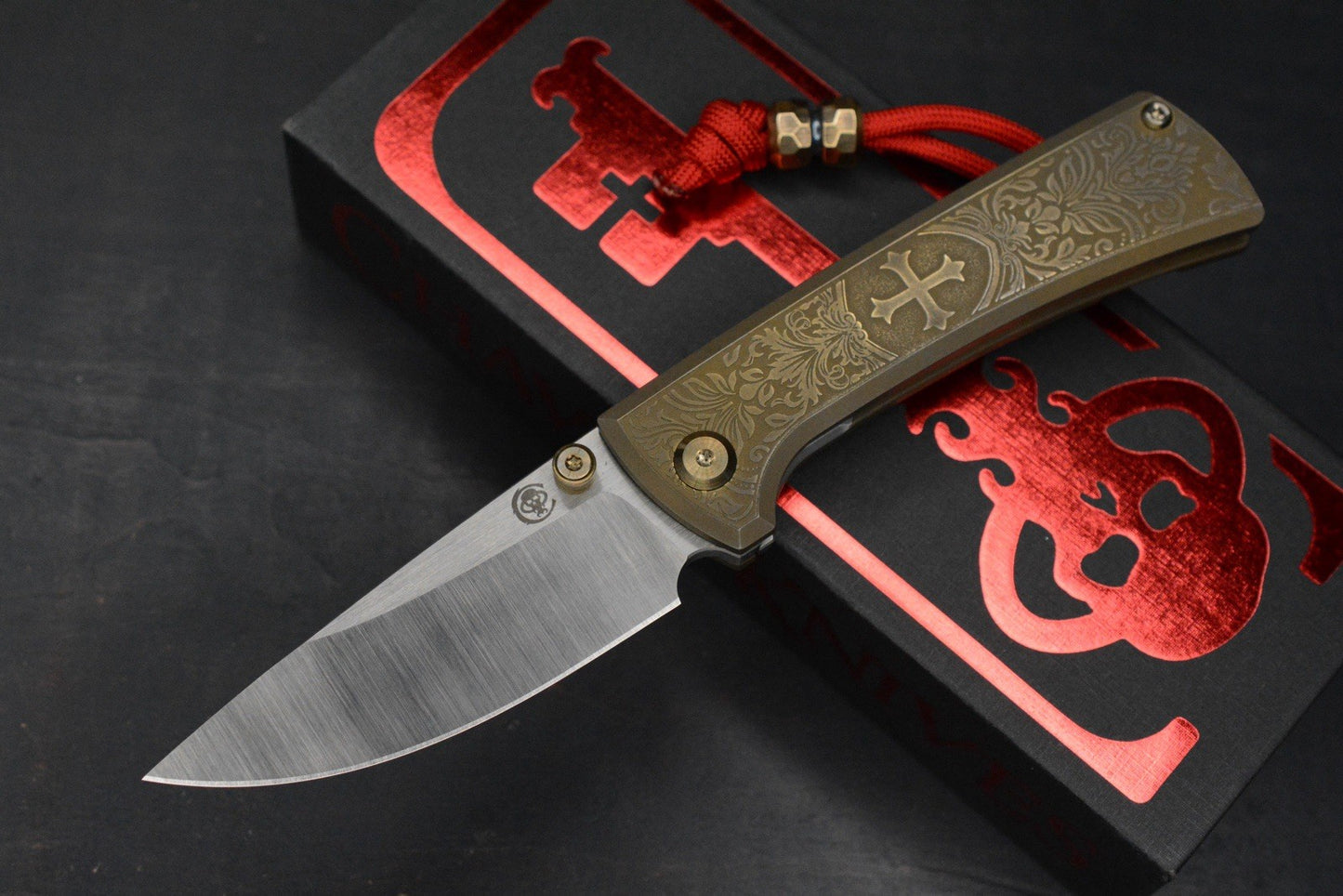 CUSTOM Chaves RCK9 Crusader Blade Show Exc Ti - Belt Satin DP M390 w/ Brass Bead