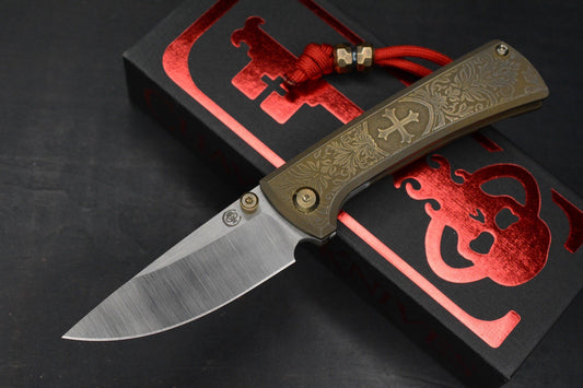 CUSTOM Chaves RCK9 Crusader Blade Show Exc Ti - Belt Satin DP M390 w/ Brass Bead