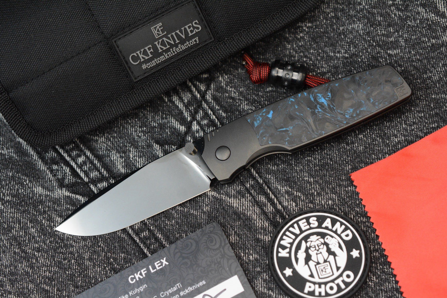 RARE Custom Knife Factory Lex - Blue CF Inlay / High Polish Black DLC M398 SN009
