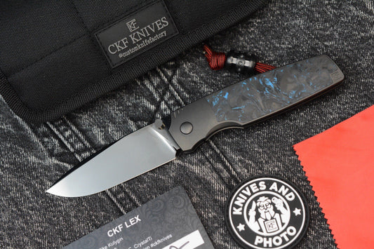 RARE Custom Knife Factory Lex - Blue CF Inlay / High Polish Black DLC M398 SN009