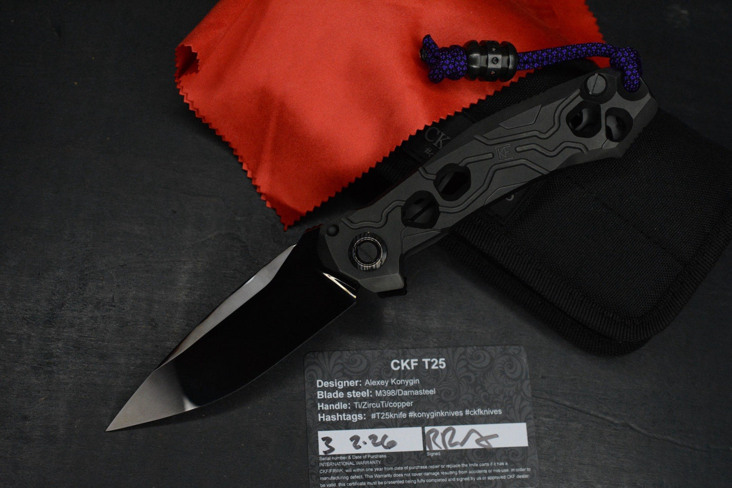 NEW Custom Knife Factory T25 DLC Milled Ti / Polished DLC M398 w/Zirc Droid Bead
