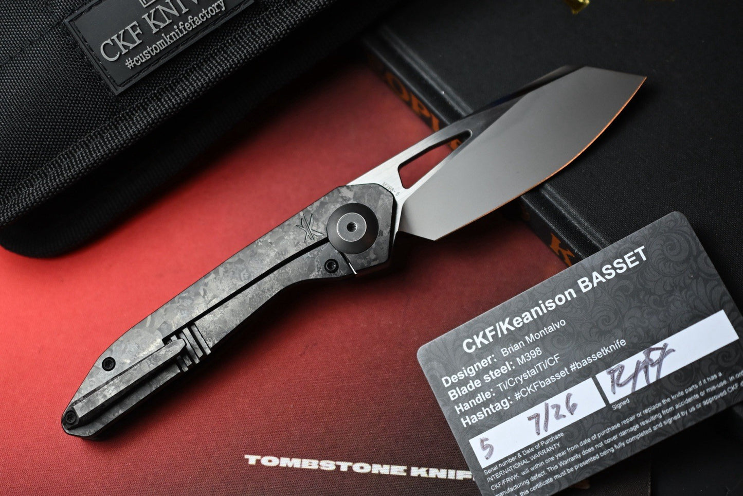 RARE Custom Knife Factory x Keanison Basset - Blackened Crystalized Ti / M398