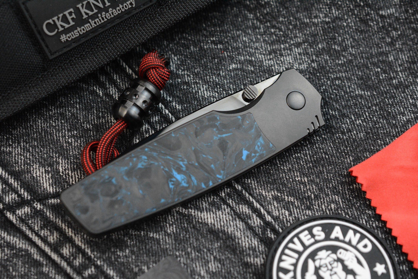 RARE Custom Knife Factory Lex - Blue CF Inlay / High Polish Black DLC M398 SN009