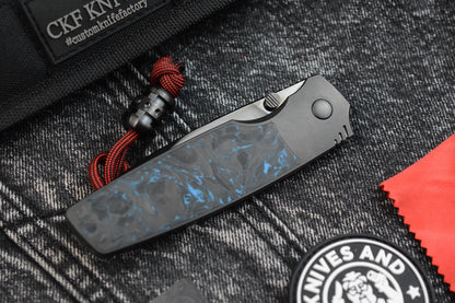 RARE Custom Knife Factory Lex - Blue CF Inlay / High Polish Black DLC M398 SN009