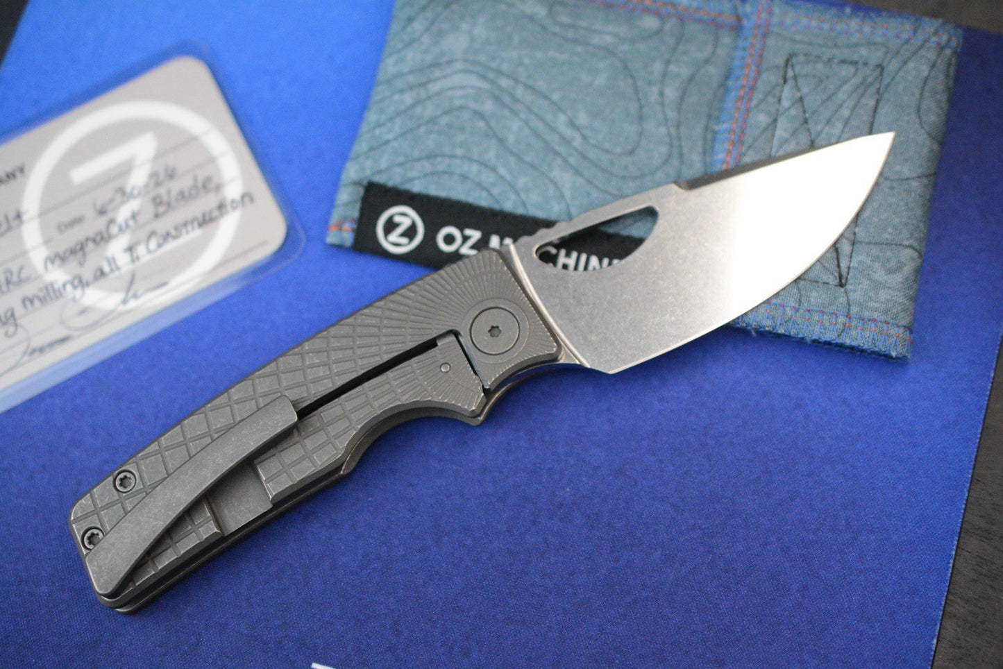 RARE Oz Machine Co Roosevelt Radial Frag Milled Scales / POLISHED Magnacut Blade