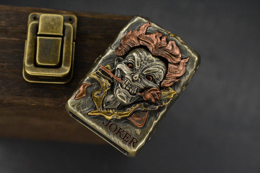 RARE CUSTOM - 3-D Sculpted Joker Zippo Lighter w/ Wood Case
