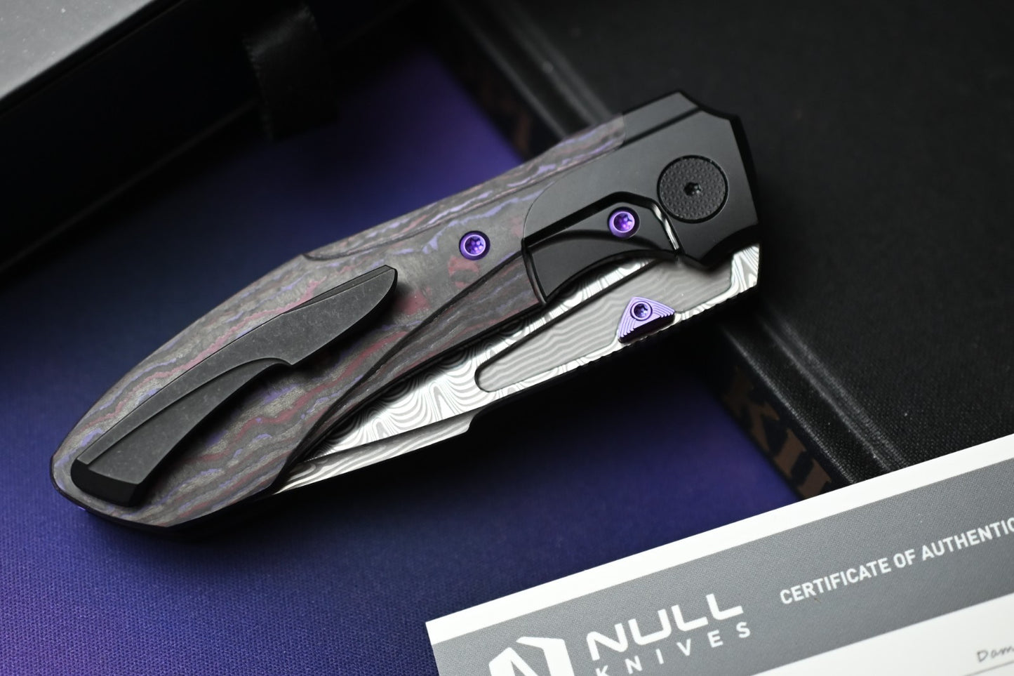 NEW Null Knives Voodoo Doll - Acid Wash Damasteel / Purple Haze Carbon Fiber