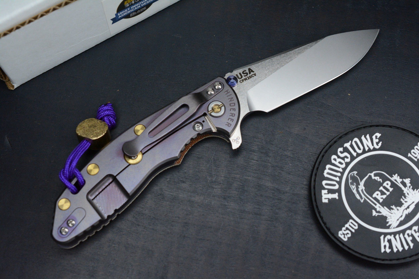 RARE Hinderer Spec Assembly XM-18 2-Tone/ Natural Micarta / Purple BB Brass Hdw