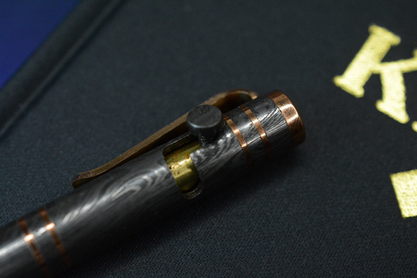 RARE Royal Creations Damascus & Copper Slide Bolt Pen USA - Re Playge Microtech