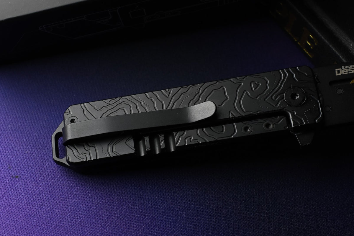 NEW Exceed Designs TiRant Razor V3 Frame Lock - Black PVD Topo / Laser Etched