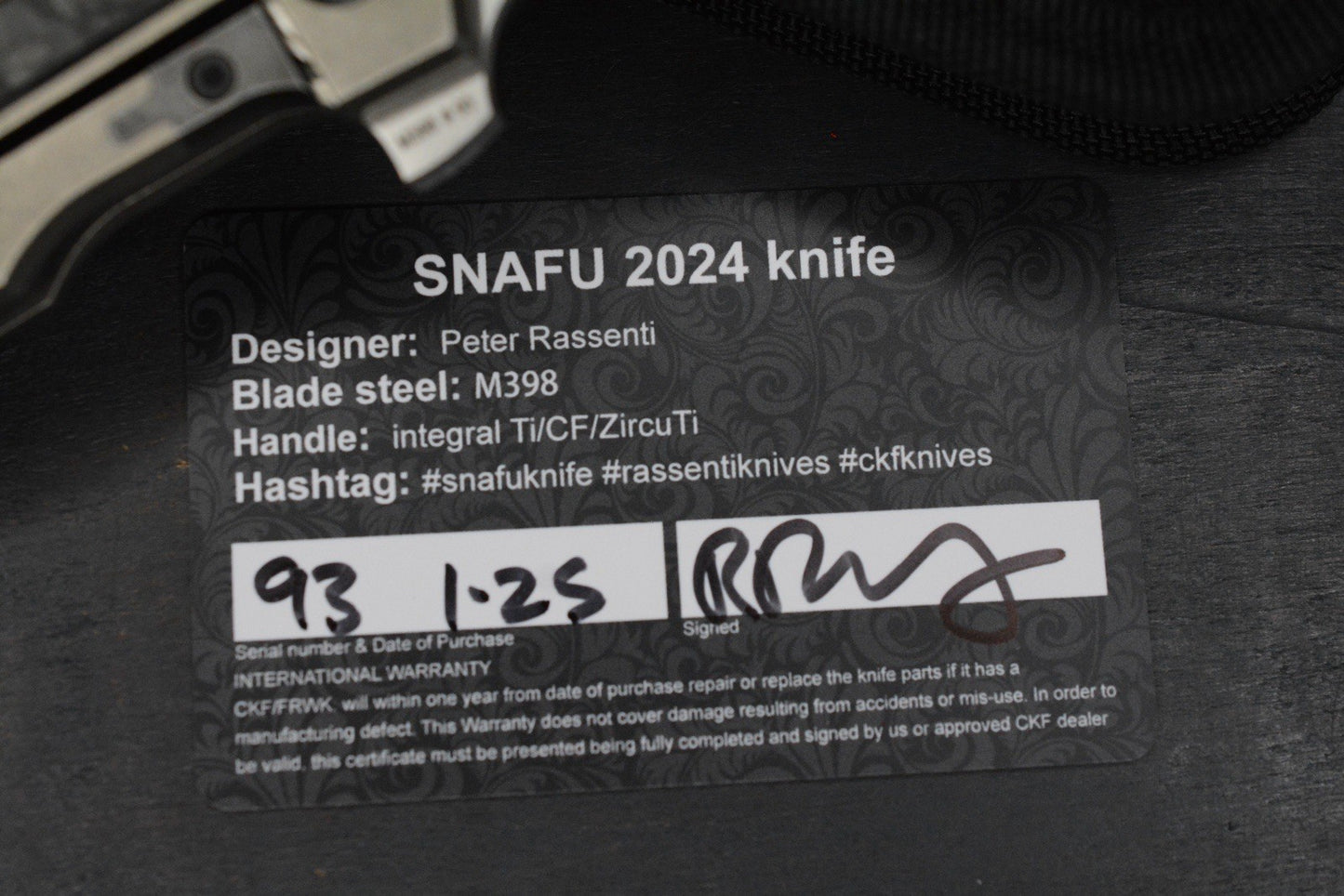 RARE Custom Knife Factory Rassenti SNAFU 4.0 CF Inlay 3.9” M398 Integral Hdle