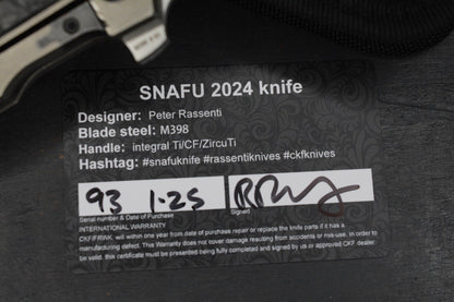 RARE Custom Knife Factory Rassenti SNAFU 4.0 CF Inlay 3.9” M398 Integral Hdle