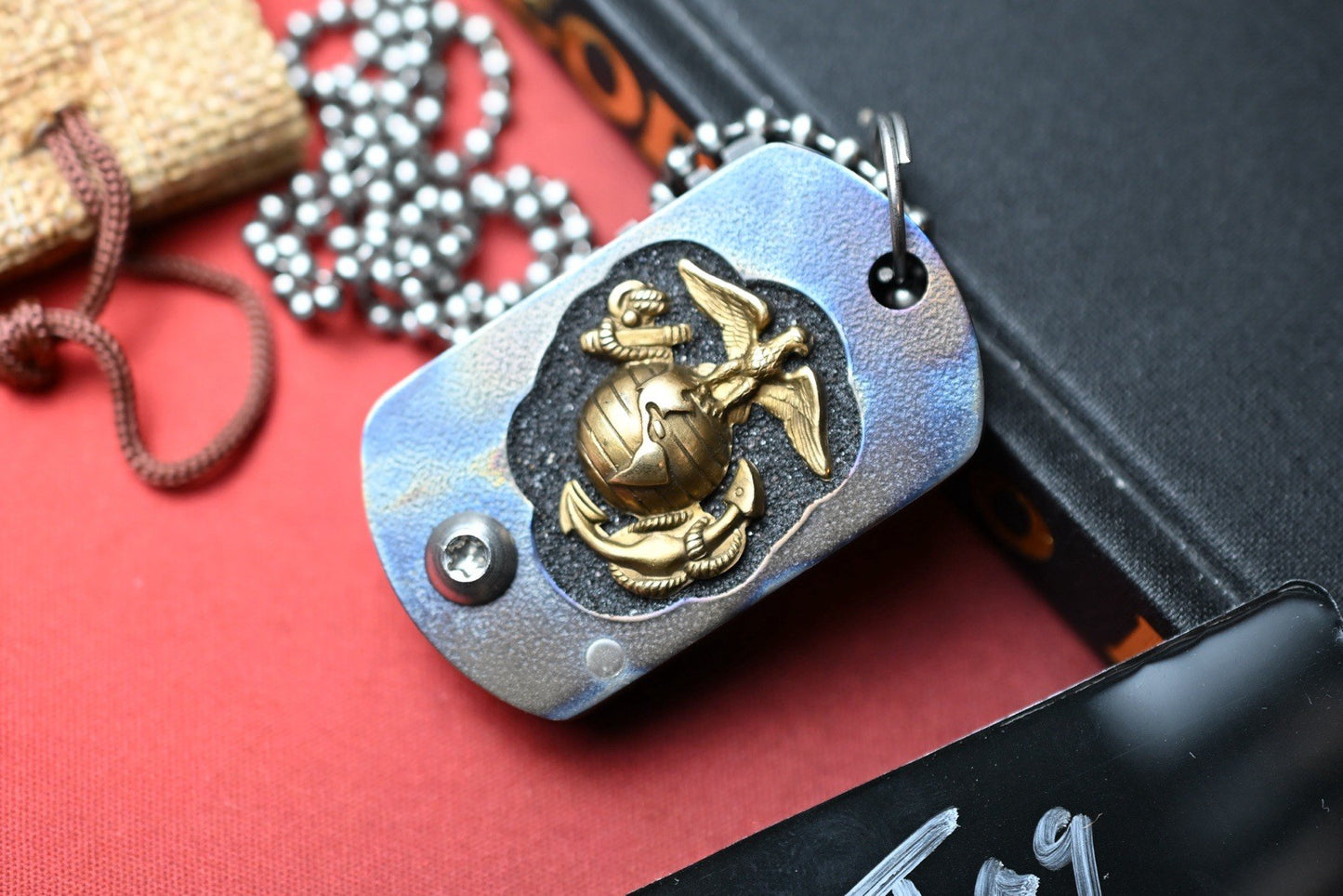 CUSTOM Heeter Knife Works War Tag Knife - Flames Ti / Eagle Globe Anchor Inlay