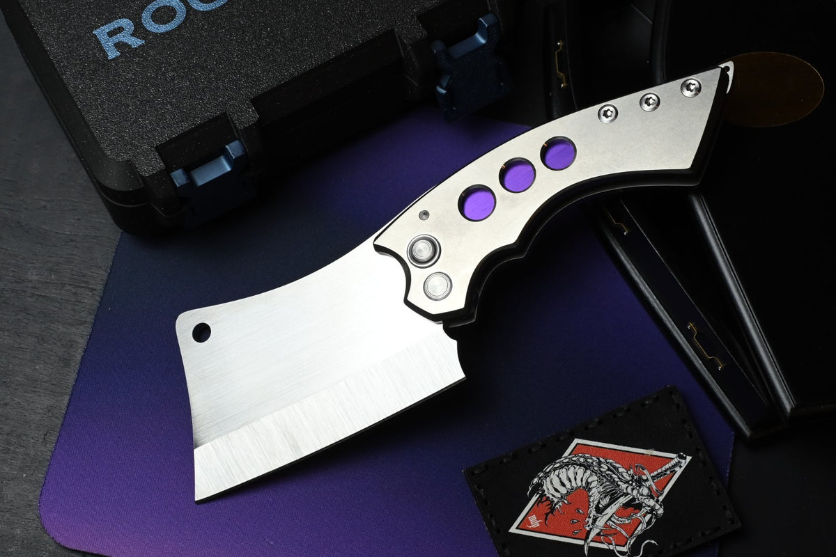 RARE Sergey Rogovets Button Lock Hand Ground Magnacut Cleaver w/ Purple Inlays