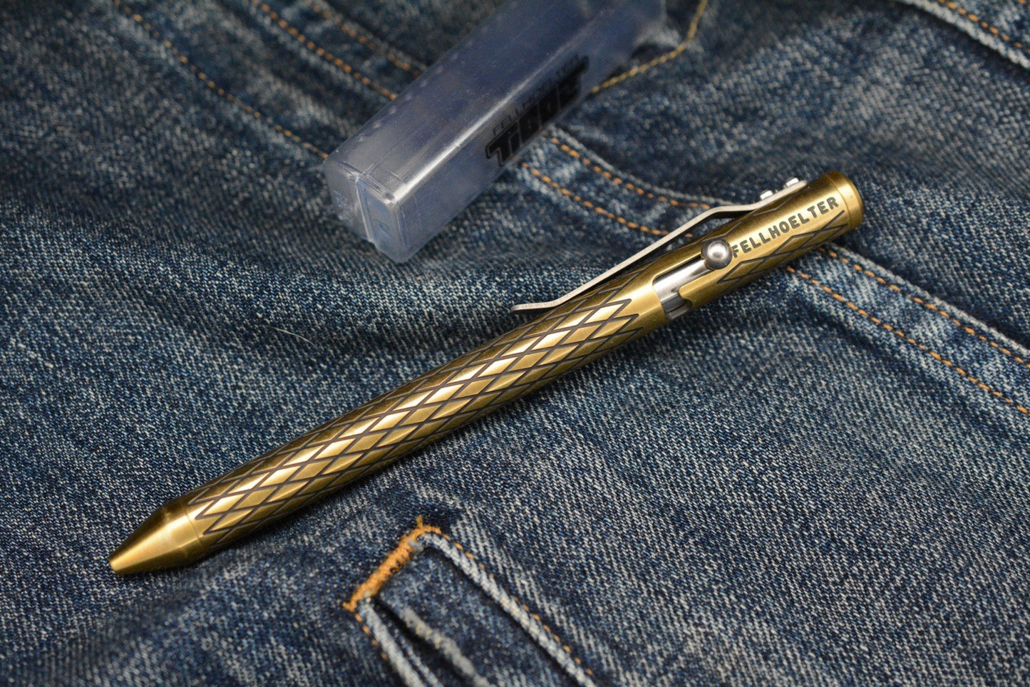 RARE Custom Fellhoelter TiBolt Pen - 5.5” Brass Engraved Dragon Scale Pattern