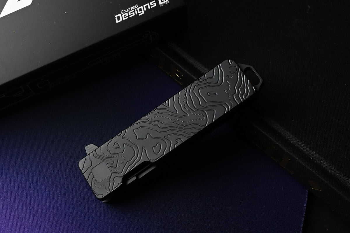 NEW Exceed Designs TiRant Razor V3 Frame Lock - Black PVD Topo / Laser Etched