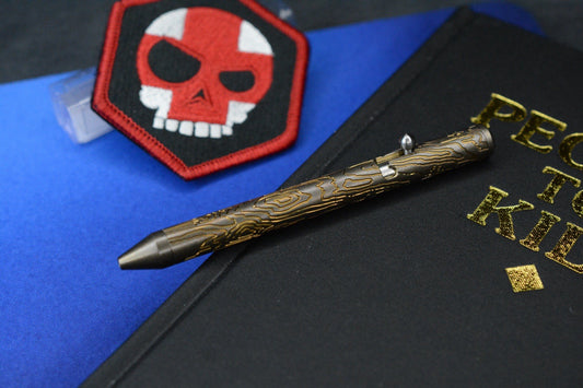 RARE Triple Aught Fellhoelter Ti-Bolt Custom Topo Brass Pen w/Skull TAD Patch