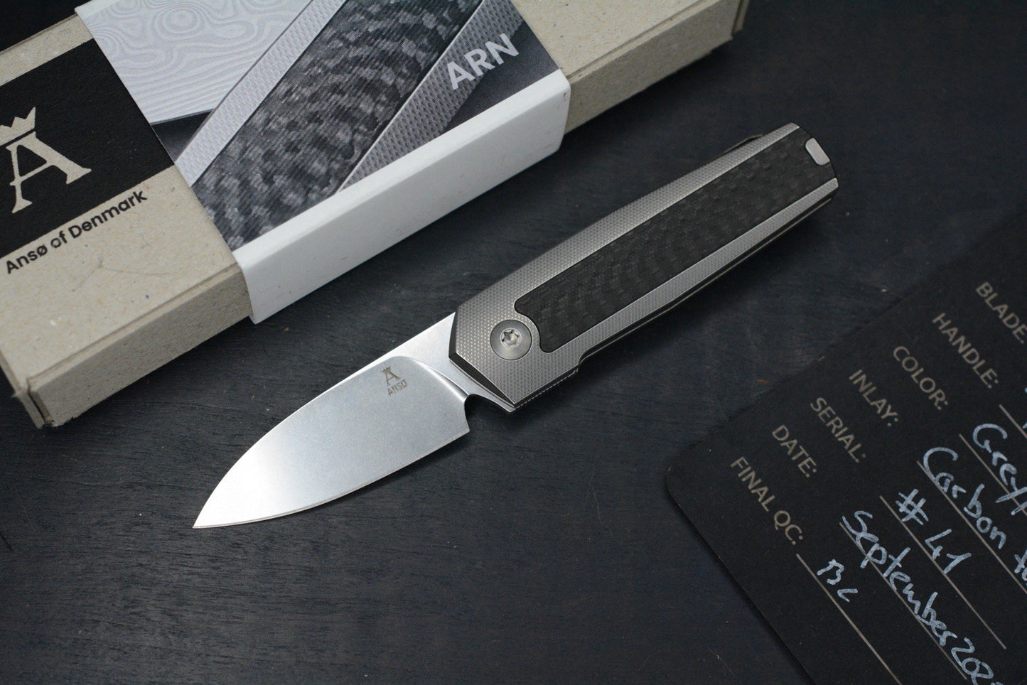 NEW ANSO ARN Grey/ Satin Ti Hdw w/ Carbon Fiber Inlay RWL34 SN 41 Re Microtech